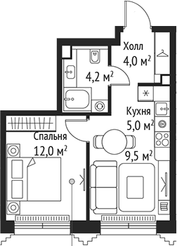 Планировка — Сет, 2-комн., 35 м²