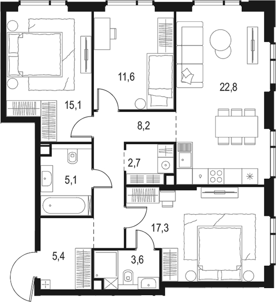 Планировка — Левел Войковская, 4-комн., 92 м²