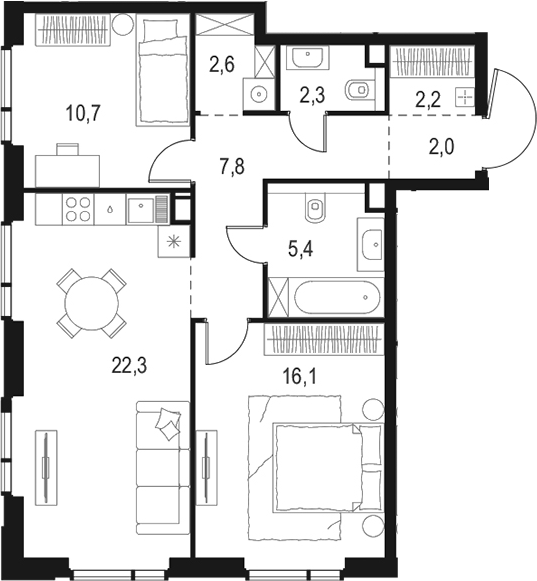 Планировка — Левел Войковская, 3-комн., 71 м²