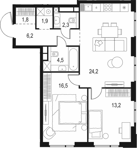 Планировка — Левел Войковская, 3-комн., 71 м²