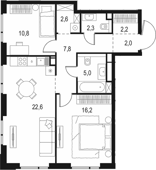 Планировка — Левел Войковская, 3-комн., 72 м²