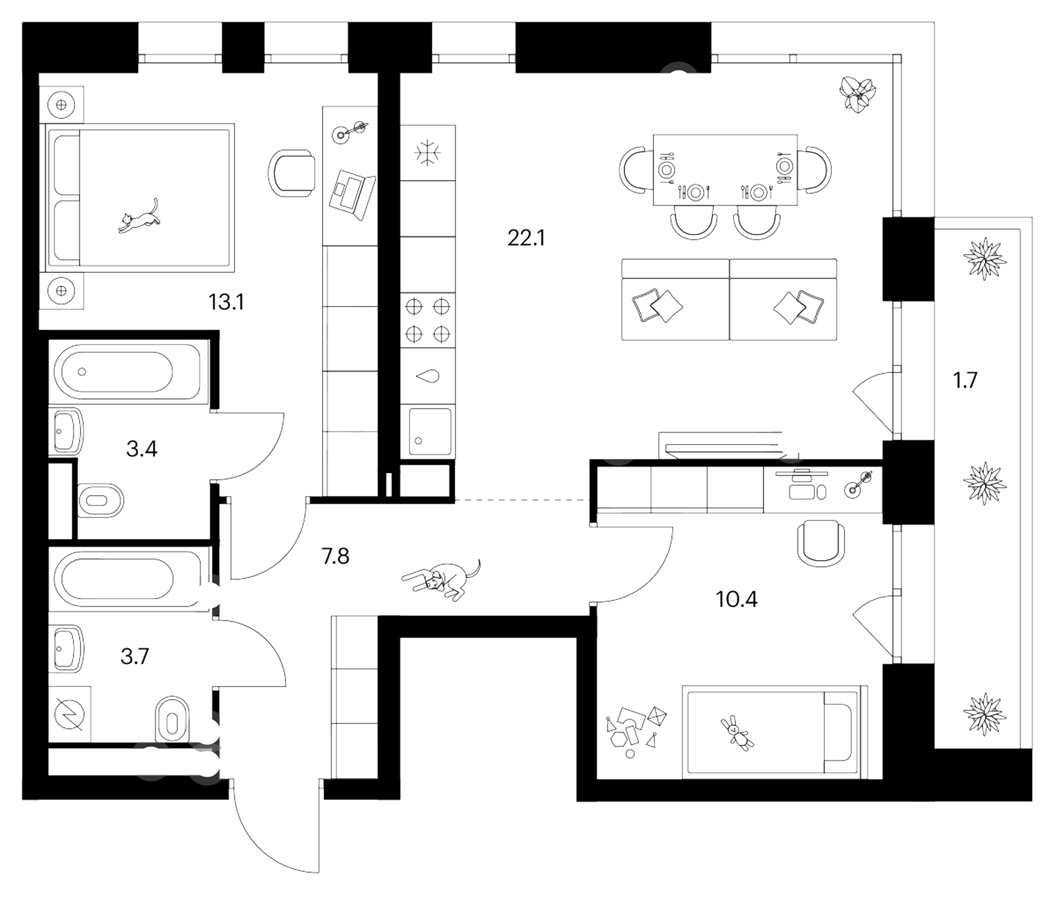 Планировка — Строгино 360, 2-комн., 61 м²