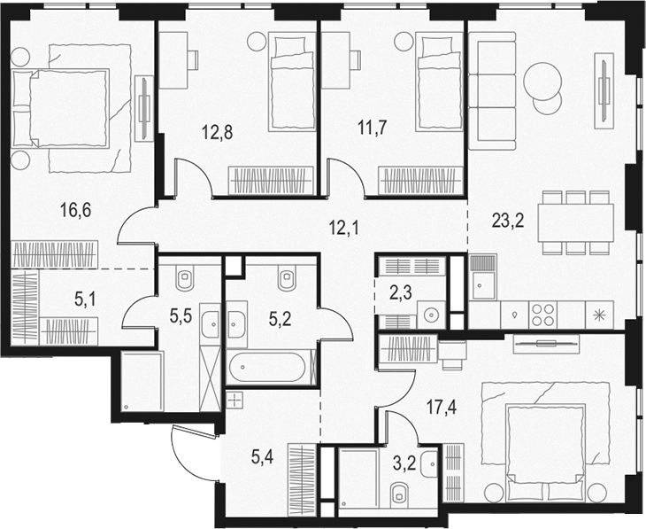 Планировка — Левел Войковская, 5-комн., 121 м²