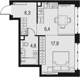 Планировка — Левел Южнопортовая, 1-комн., 35 м²
