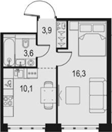 Планировка — Левел Южнопортовая, 1-комн., 34 м²