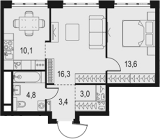 Планировка — Левел Южнопортовая, 2-комн., 51 м²