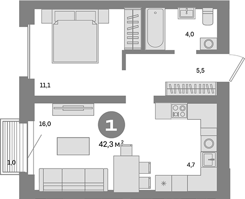 Планировка — Метроном, 1-комн., 41 м²