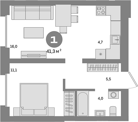 Планировка — Метроном, 1-комн., 41 м²