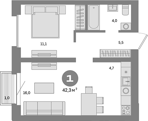 Планировка — Метроном, 1-комн., 41 м²