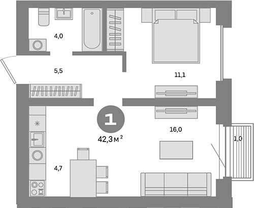 Планировка — Метроном, 1-комн., 41 м²