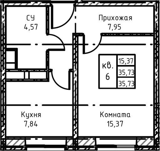 Планировка — Высокий Берег, 1-комн., 36 м²
