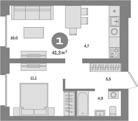 Планировка — Метроном, 1-комн., 41 м²