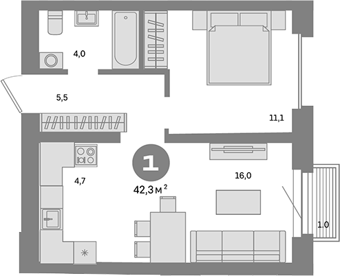 Планировка — Метроном, 1-комн., 41 м²