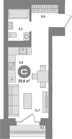 Планировка — Метроном, Студия, 28 м²