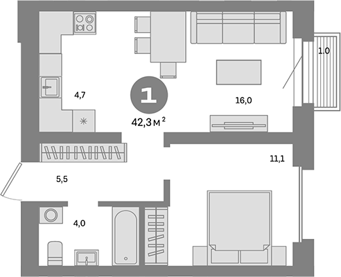 Планировка — Метроном, 1-комн., 41 м²