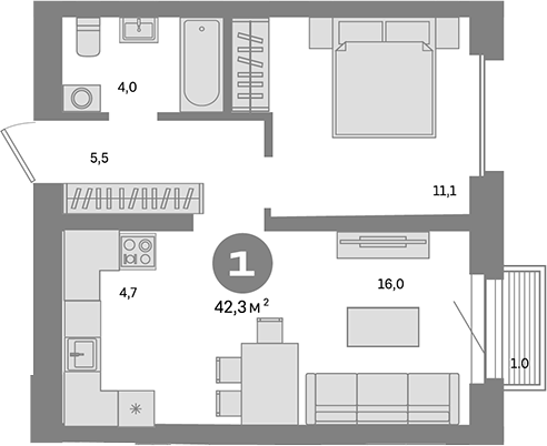 Планировка — Метроном, 1-комн., 41 м²
