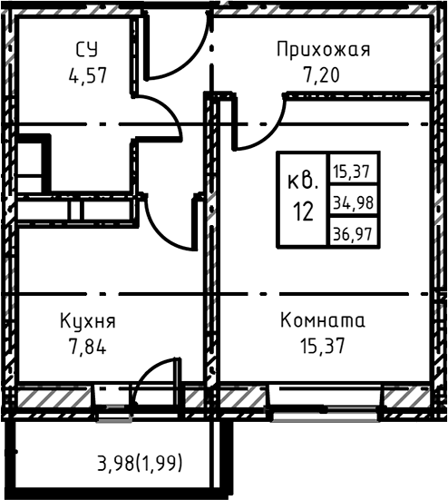 Планировка — Высокий Берег, 1-комн., 38 м²