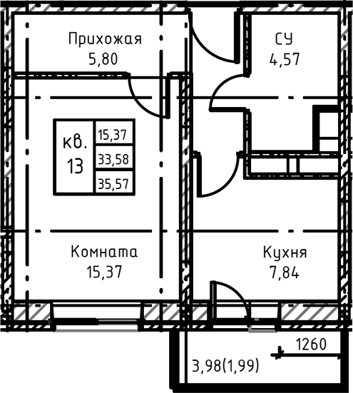 Планировка — Высокий Берег, 1-комн., 38 м²