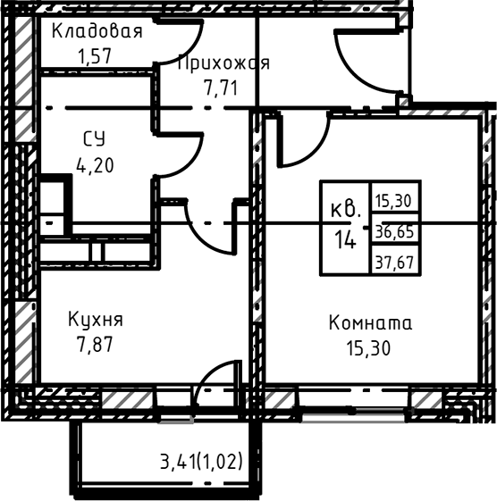 Планировка — Высокий Берег, 1-комн., 39 м²