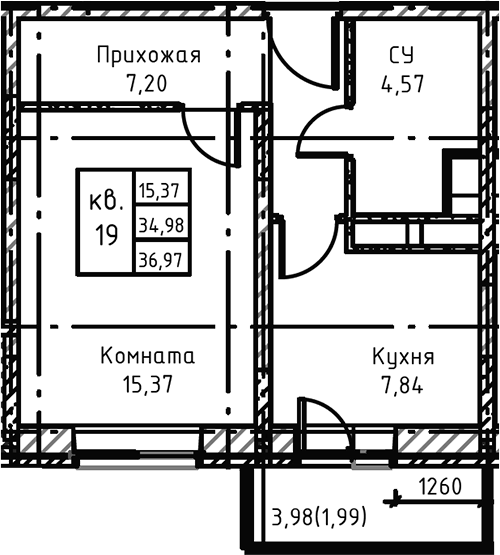 Планировка — Высокий Берег, 1-комн., 38 м²