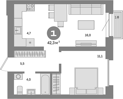 Планировка — Метроном, 1-комн., 41 м²