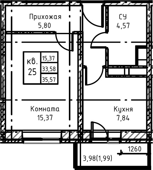 Планировка — Высокий Берег, 1-комн., 38 м²