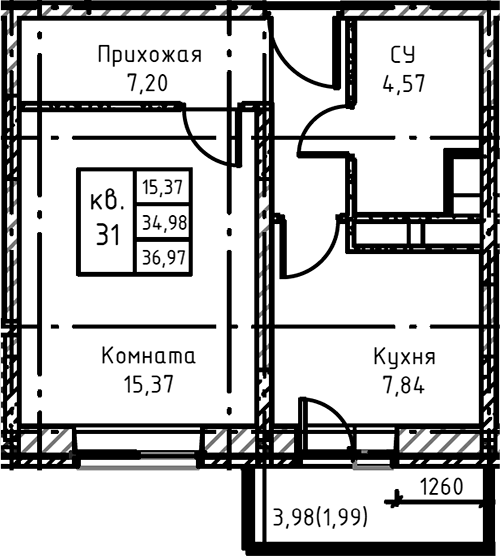 Планировка — Высокий Берег, 1-комн., 38 м²
