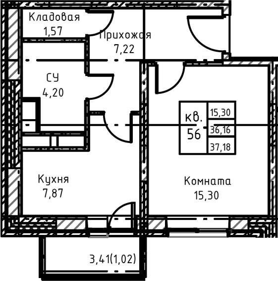 Планировка — Высокий Берег, 1-комн., 40 м²
