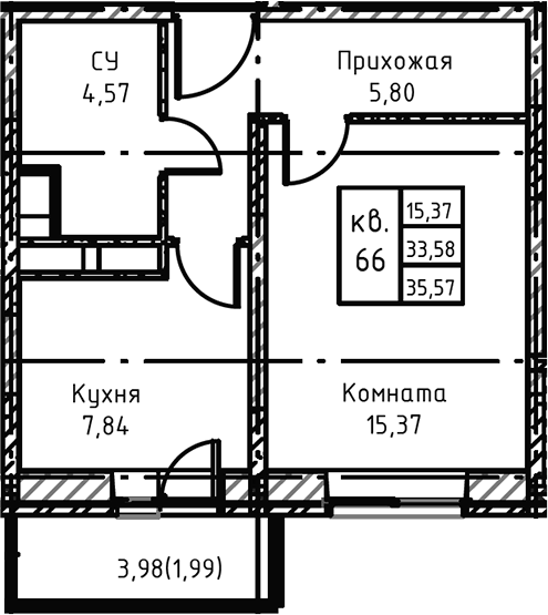Планировка — Высокий Берег, 1-комн., 38 м²