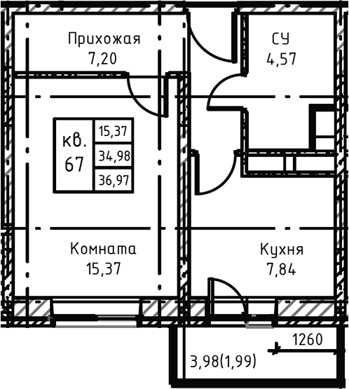 Планировка — Высокий Берег, 1-комн., 38 м²