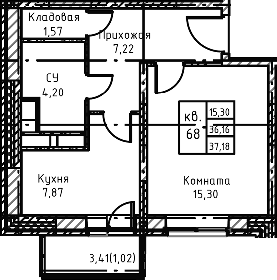 Планировка — Высокий Берег, 1-комн., 40 м²