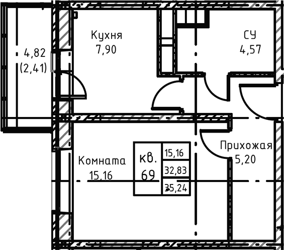 Планировка — Высокий Берег, 1-комн., 38 м²
