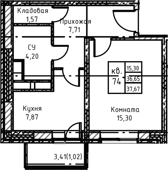 Планировка — Высокий Берег, 1-комн., 40 м²