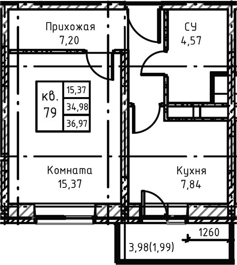 Планировка — Высокий Берег, 1-комн., 38 м²