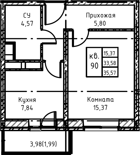 Планировка — Высокий Берег, 1-комн., 38 м²