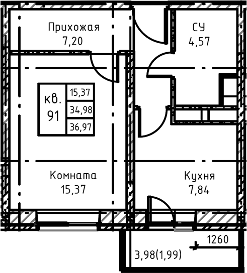 Планировка — Высокий Берег, 1-комн., 39 м²