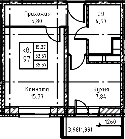 Планировка — Высокий Берег, 1-комн., 38 м²