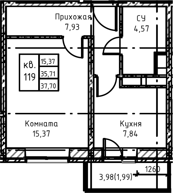 Планировка — Высокий Берег, 1-комн., 38 м²