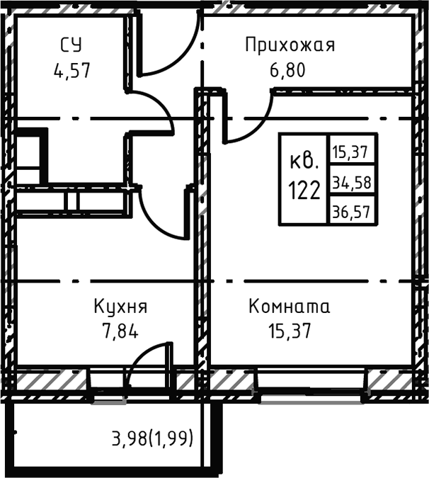 Планировка — Высокий Берег, 1-комн., 38 м²