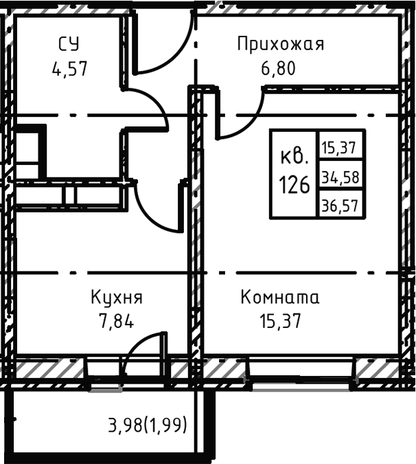 Планировка — Высокий Берег, 1-комн., 38 м²