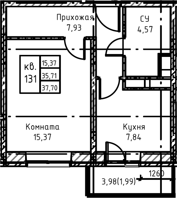 Планировка — Высокий Берег, 1-комн., 38 м²