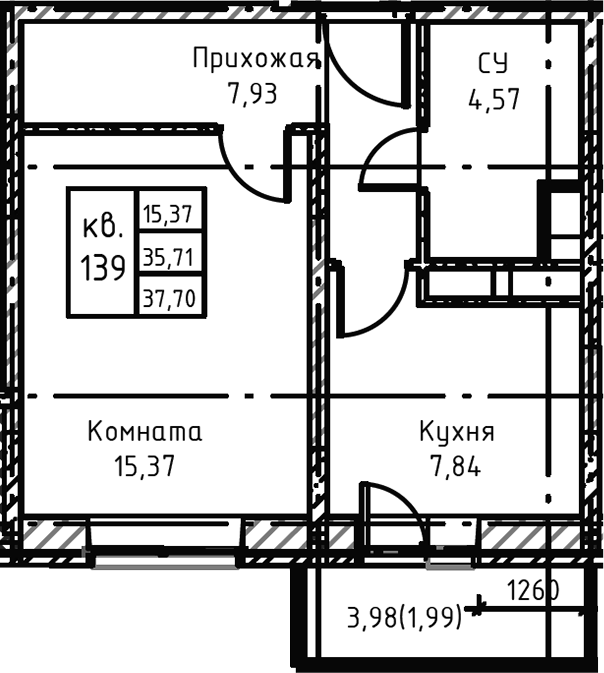 Планировка — Высокий Берег, 1-комн., 38 м²