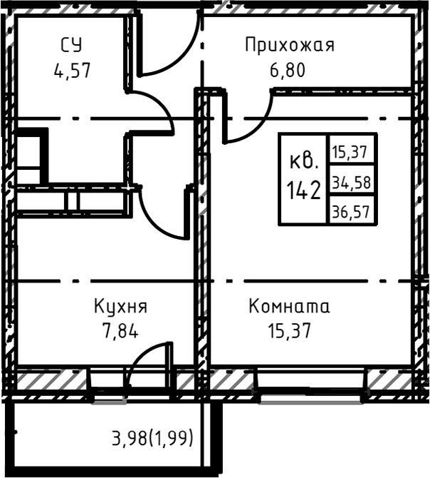 Планировка — Высокий Берег, 1-комн., 38 м²