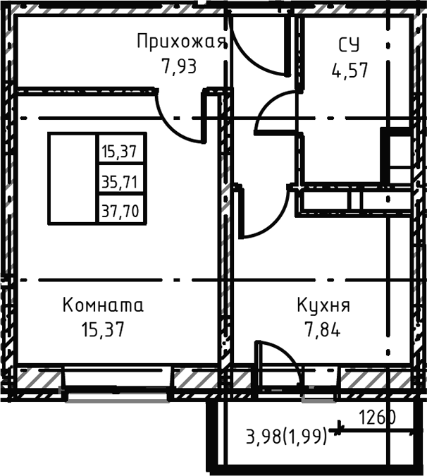 Планировка — Высокий Берег, 1-комн., 38 м²