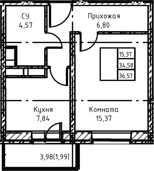 Планировка — Высокий Берег, 1-комн., 38 м²
