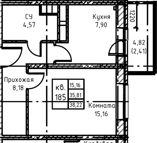 Планировка — Высокий Берег, 1-комн., 38 м²