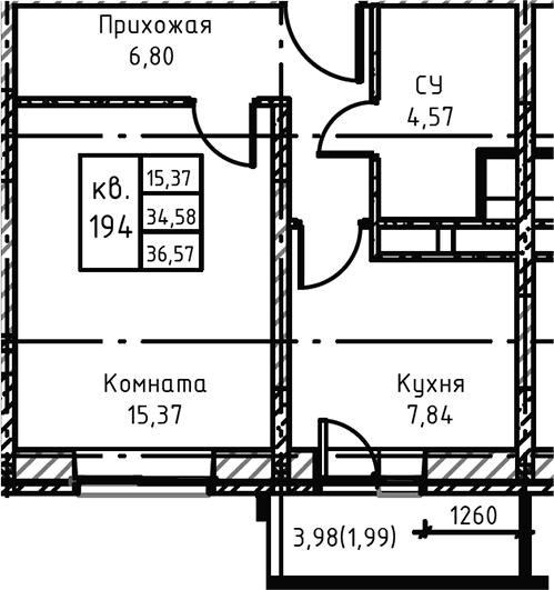 Планировка — Высокий Берег, 1-комн., 38 м²
