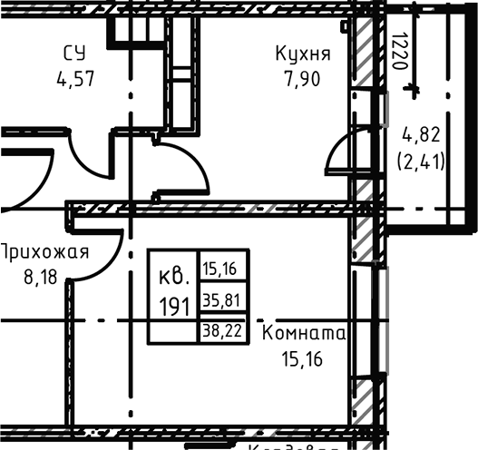 Планировка — Высокий Берег, 1-комн., 38 м²