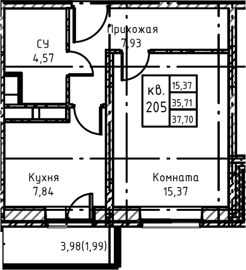 Планировка — Высокий Берег, 1-комн., 38 м²