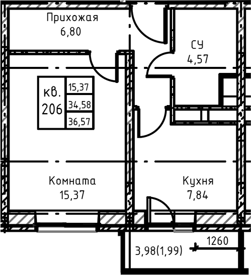 Планировка — Высокий Берег, 1-комн., 38 м²